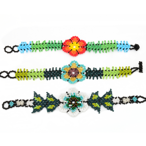 Maya flower bracelet Huichol style glass beads Guatemala