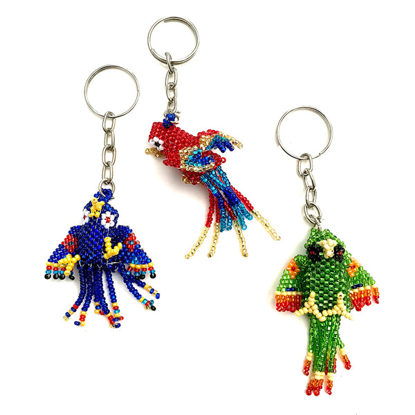 beaded parrot key chain handmade in Guatemala